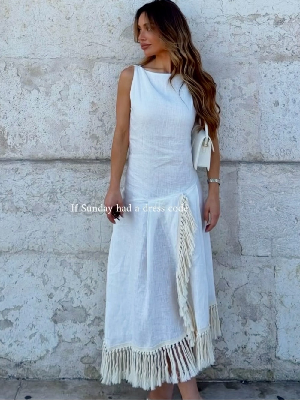 Zara NWT 100% linen white & cream Fringe hem Midi tunic Dress - Picture 5 of 16